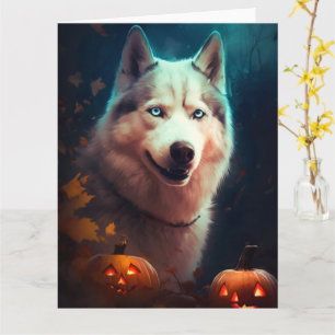 Tarjeta Halloween Siberian Husky Con Calabazas Asustadas
