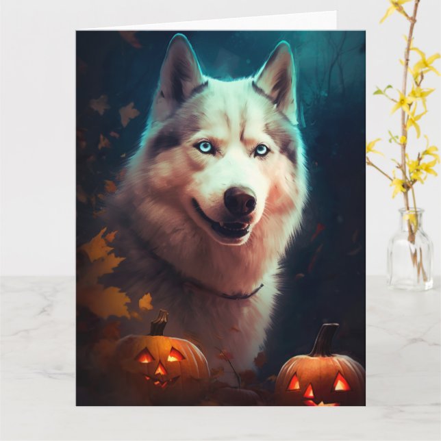Tarjeta Halloween Siberian Husky Con Calabazas Asustadas (flor amarilla)