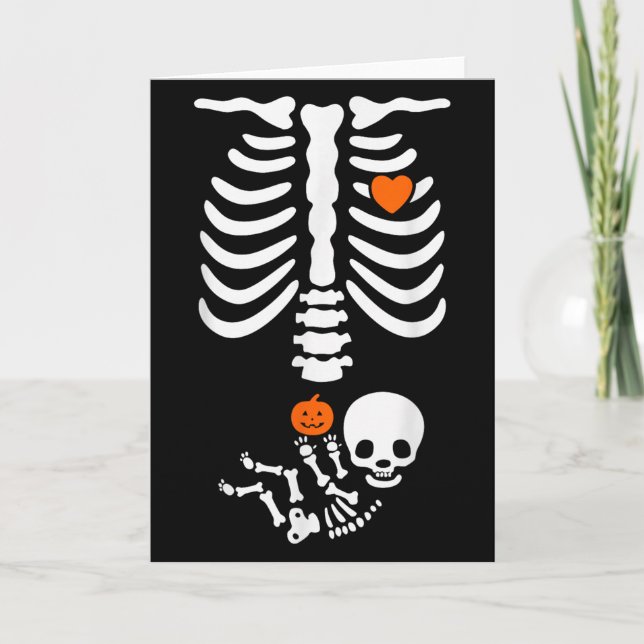 Tarjeta Halloween Skeleton Baby Rib Cage Pregnant Pumpkin  (Anverso)