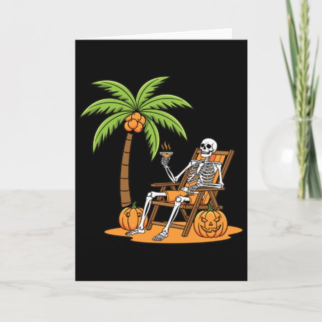Tarjeta Halloween Skeleton Beach Vacation Palm Tree Pumpki (Anverso)