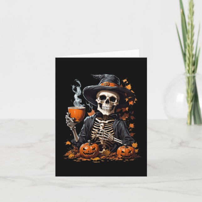 Tarjeta Halloween Skeleton Beber café Horror para las muje (Anverso)