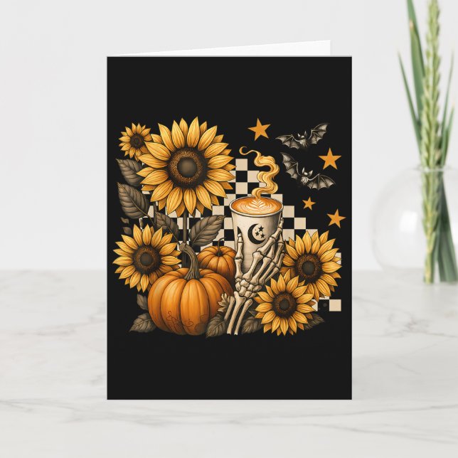 Tarjeta Halloween Skeleton Coffee, Soky Sunflowers Pumpkin (Anverso)