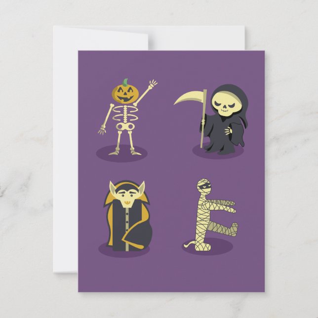 Tarjeta Halloween Skeleton Dracula Mummy Grim Reaper (Anverso)