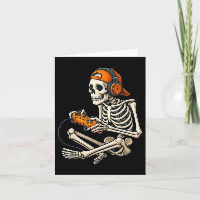 Tarjeta Halloween Skeleton Gamer Auriculares Video Gaming  (Anverso)