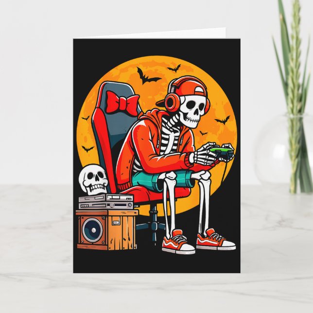 Tarjeta Halloween Skeleton Gamer Funny Video Gaming Hallow (Anverso)