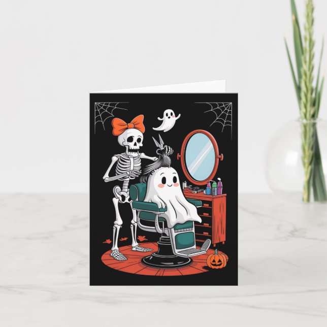 Tarjeta Halloween Skeleton Hairdresser Hairstylist (Anverso)