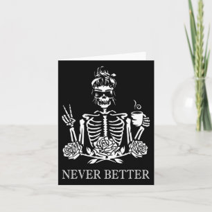 Tarjeta Halloween Skeleton Skull Mujeres tomando café Nev
