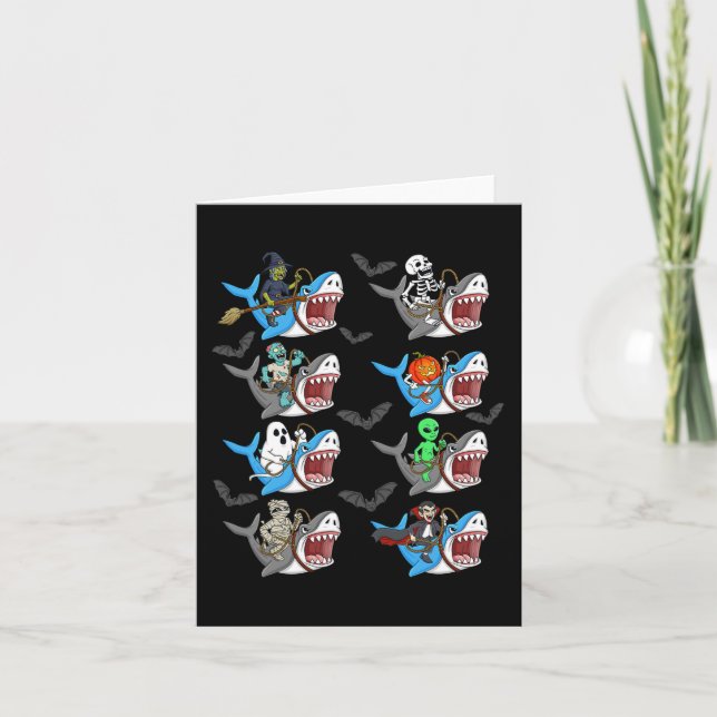 Tarjeta Halloween Skeleton Zombie Riding Shark Mummy Vampi (Anverso)
