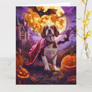 Tarjeta Halloween Spaniel Bretón Vampiro Calabazas de Hall
