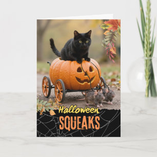 Tarjeta Halloween Squeaks Gato Negro Montando Jack o Lante