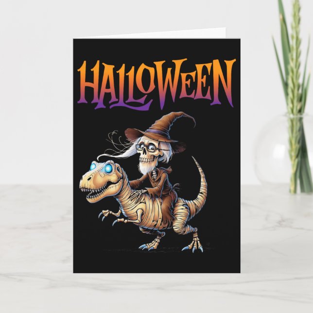 Tarjeta Halloween T-rex Skeleton Ride  (Anverso)