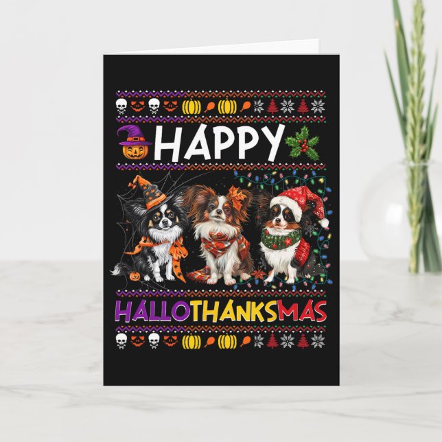 Tarjeta Halloween Thanksgiving Christmas Ugly Papillon Dog (Anverso)