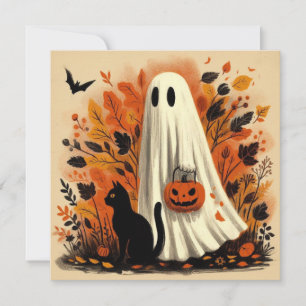 Tarjeta Halloween Truco o Trato Fantasma y Gato Negro
