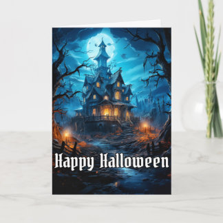 Tarjeta Halloween, una casa embrujada y escalofriante