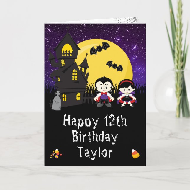 Tarjeta Halloween Vampiros Purple Happy Birday (Anverso)