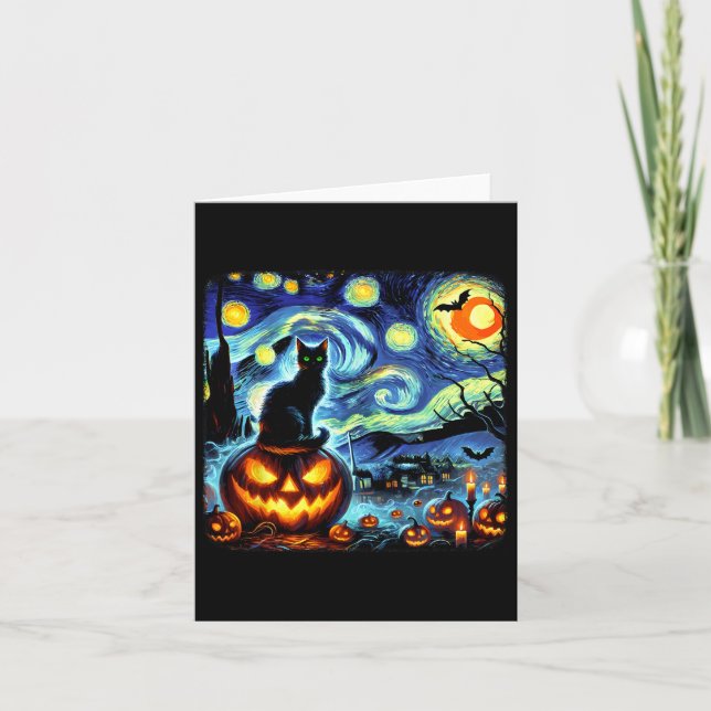 Tarjeta Halloween Van Gogh Starry Night Black Cat Pumpkins (Anverso)