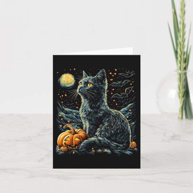 Tarjeta Halloween Van Gogh Starry Night Black Cat Pumpkins (Anverso)