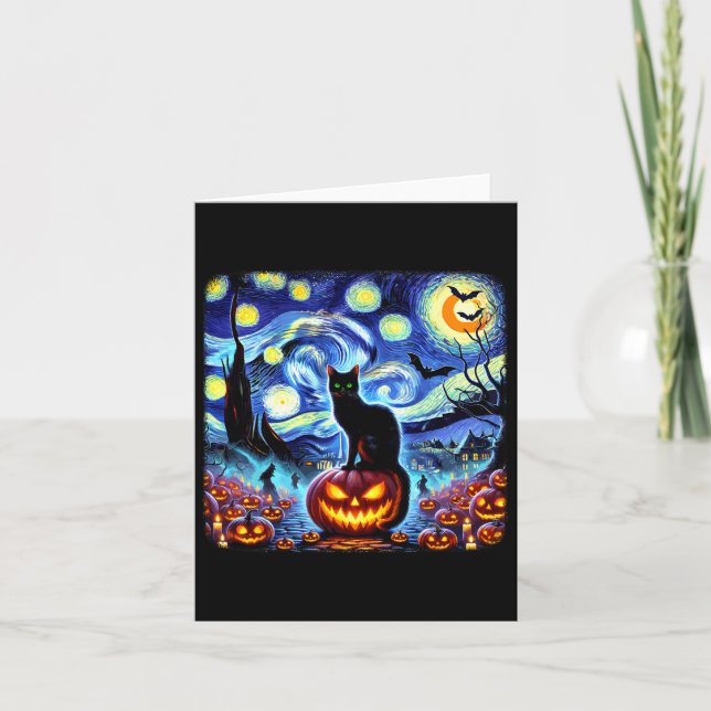 Tarjeta Halloween Van Gogh Starry Night Black Cat Pumpkins (Anverso)