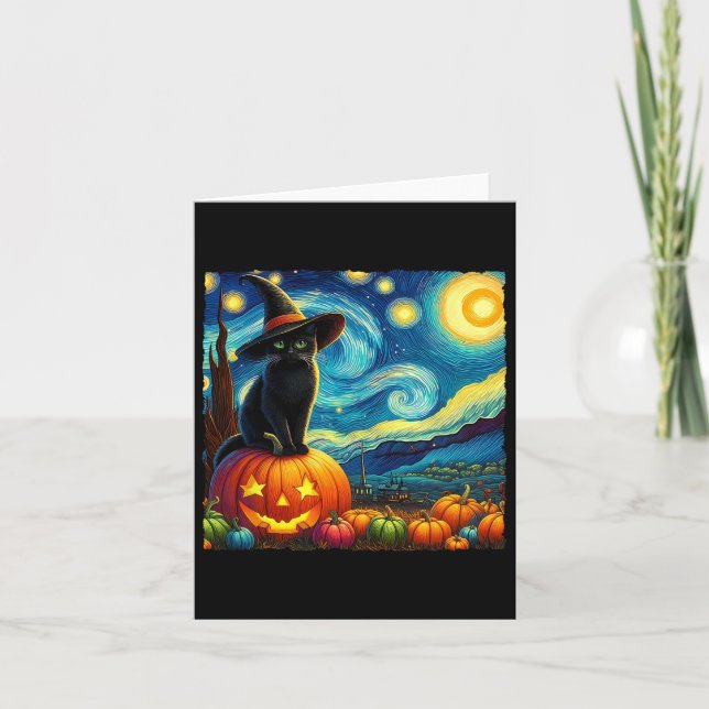 Tarjeta Halloween Van Gogh Starry Night Black Cat Wbruja H (Anverso)
