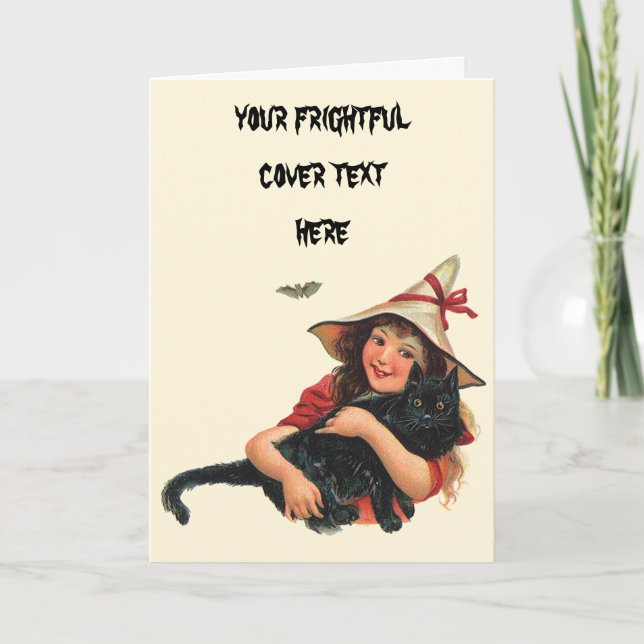 Tarjeta Halloween vintage, bruja Chica con gato negro (Anverso)
