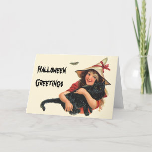 Tarjeta Halloween vintage, bruja Chica con gato negro