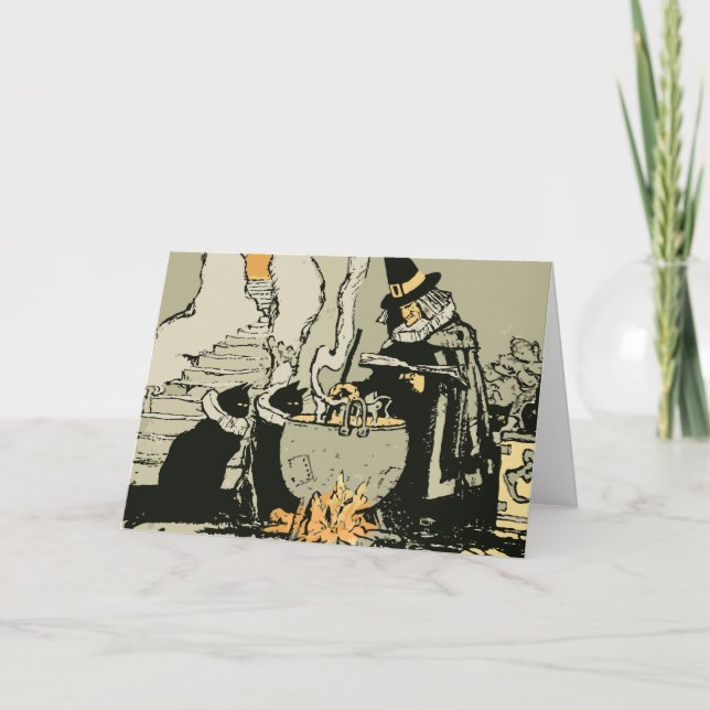 Tarjeta Halloween vintage, bruja con caldero y gatos (Anverso)