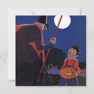 Tarjeta Halloween vintage, bruja escalofriante con niño