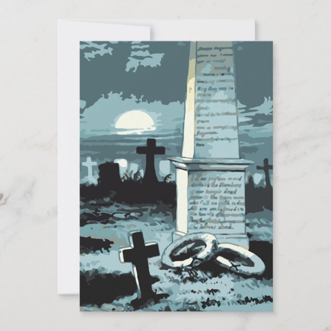 Tarjeta Halloween vintage, cementerio espeluznante con tum (Anverso)