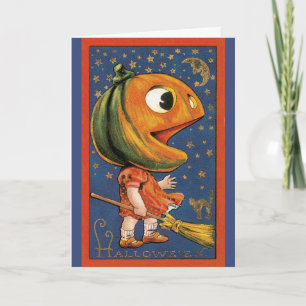Tarjeta Halloween vintage, disfraz de cabeza de calabaza g