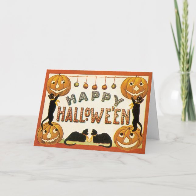 Tarjeta Halloween vintage, gatos negros con farolas (Anverso)