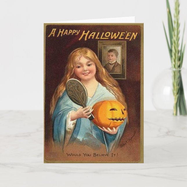 Tarjeta Halloween Vintage Lady con espejo (Anverso)