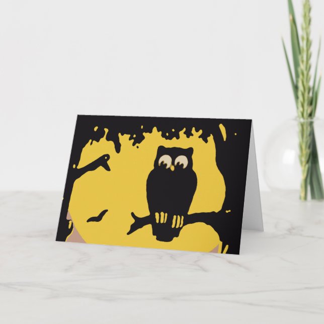 Tarjeta Halloween vintage, lechuza fantasmal en árbol con  (Anverso)