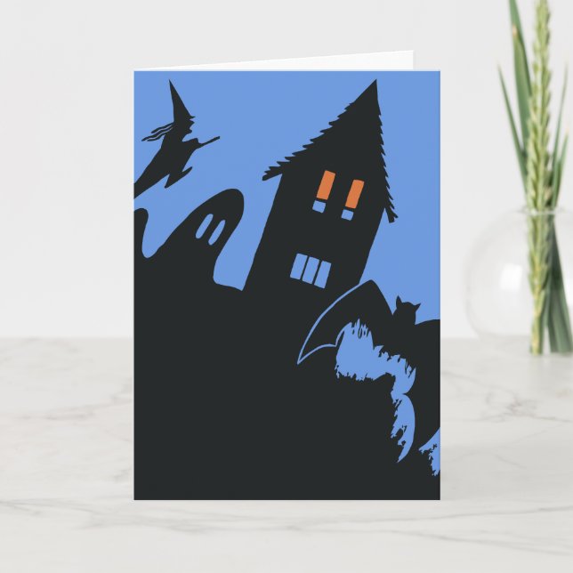 Tarjeta Halloween vintage, Scary Haunted House y Witch (Anverso)