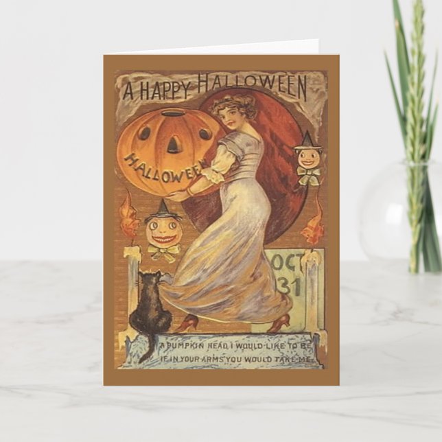 Tarjeta Halloween Vintage Woman y Jack o' Lantern (Anverso)