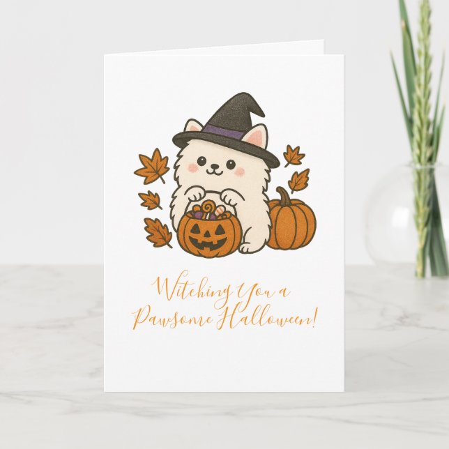 Tarjeta Halloween Wenskaart – Pomeranian met Heksenhoed (Anverso)