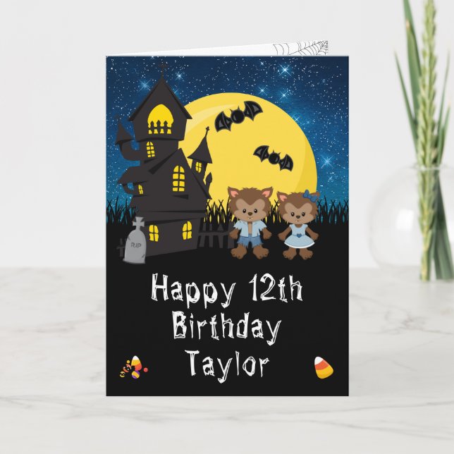 Tarjeta Halloween Werewolf Blue Happy Birday (Anverso)