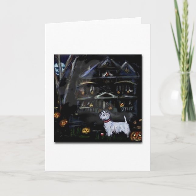 Tarjeta Halloween Westie Haunted house (Anverso)