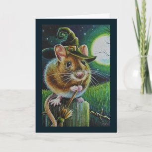 Tarjeta Halloween Witch Field Mouse Broom Watercolor Art