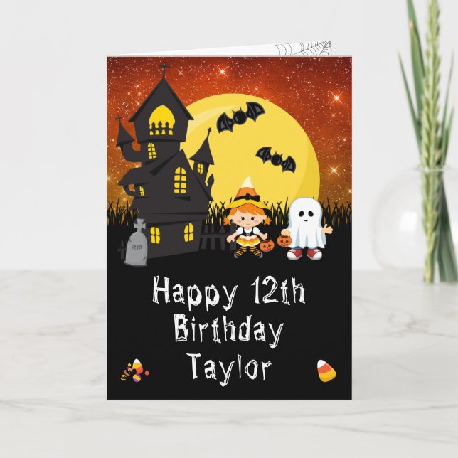 Tarjeta Halloween Witch Ghost Naranja Feliz cumpleaños (Anverso)