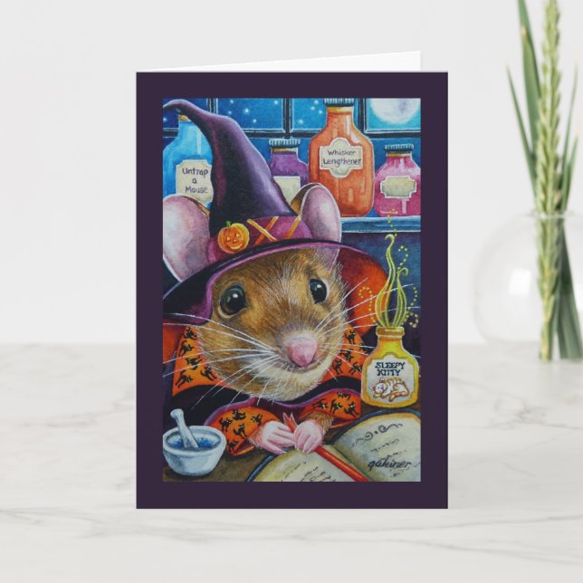 Tarjeta Halloween Witch Mouse & Potion Watercolor Art (Anverso)
