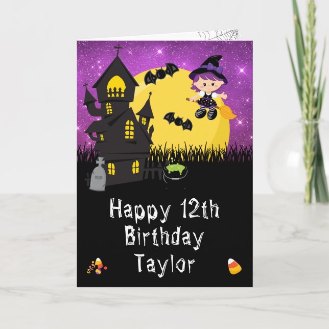 Tarjeta Halloween Witch Purple Happy Birday (Anverso)