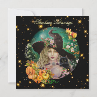 Tarjeta Halloween witch with black kitten greeting card 