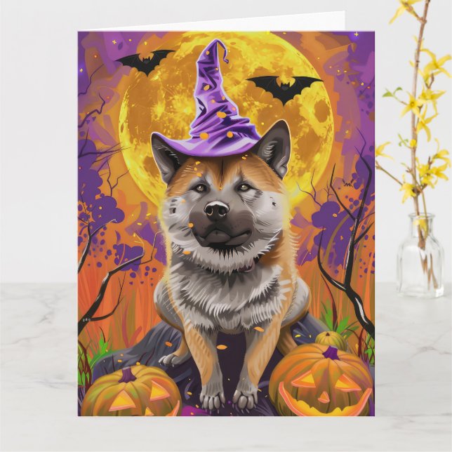 Tarjeta Halloween y bruja espeluznante de Akita (flor amarilla)