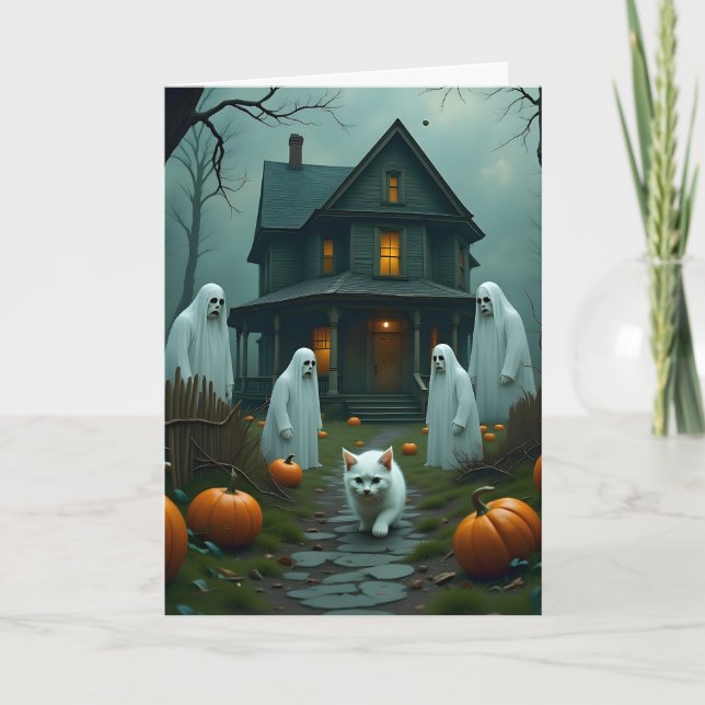 Tarjeta Halloween y el gatito blanco (Anverso)