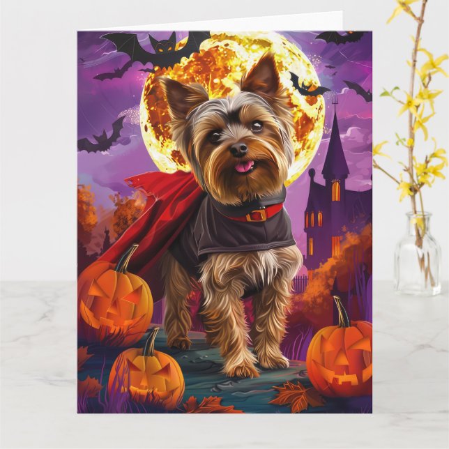 Tarjeta Halloween Yorkshire Terrier Vampier Pumpkins Scary (flor amarilla)