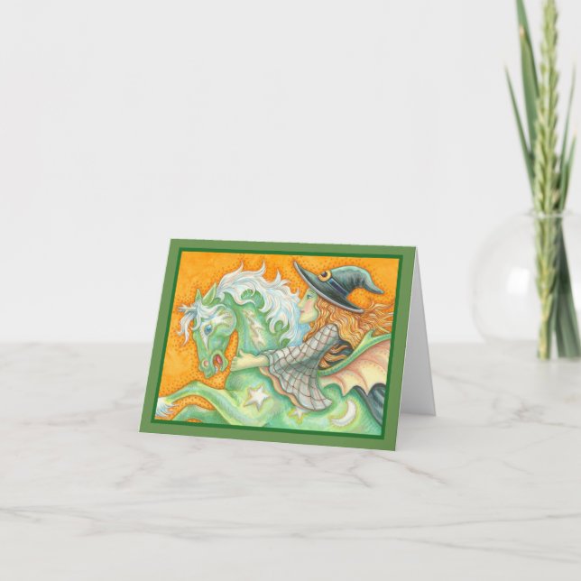 Tarjeta HALLOWS EVCH WITCH AND HORSE NOTE CARD Blank, Gree (Anverso)