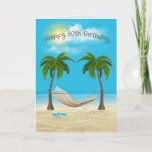 Tarjeta Hammock en Beach 80th Birthday Card<br><div class="desc">Hamaca colgada entre dos palmeras con estrellas de mar y chanclas en la arena de la playa del océano con nubes estivales por 80 años. La edad se puede cambiar.</div>