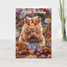 Tarjeta Hamster Entre Flores Azules Cumpleaños