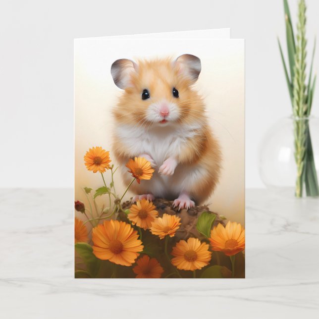 Tarjeta Hamster Entre Flores Naranjas (Anverso)