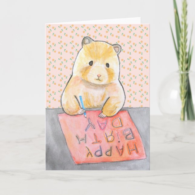 Tarjeta Hamster escribe Happy Birthday Cute Hamster (Anverso)